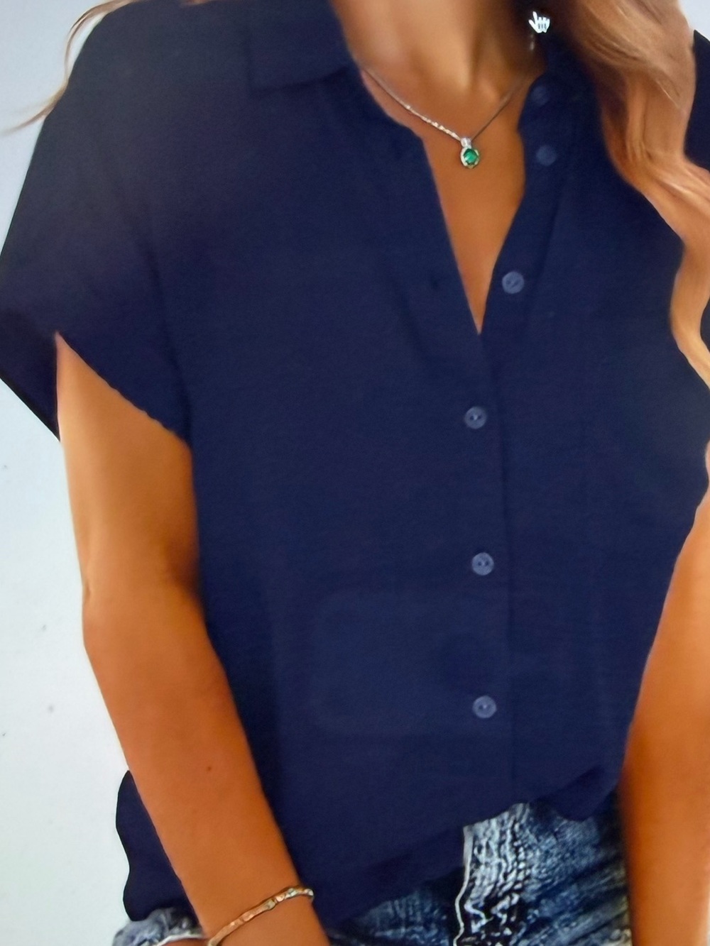 Classic Navy Button-Down Short Sleeve Top - NWOT - Size L